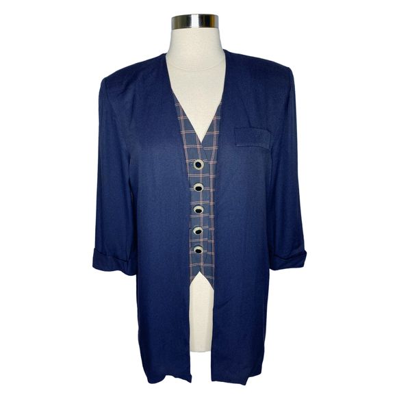 Vintage 90’s Petite Perceptions Combination Navy Blazer/Plaid Vest - Size 6 - Picture 1 of 6